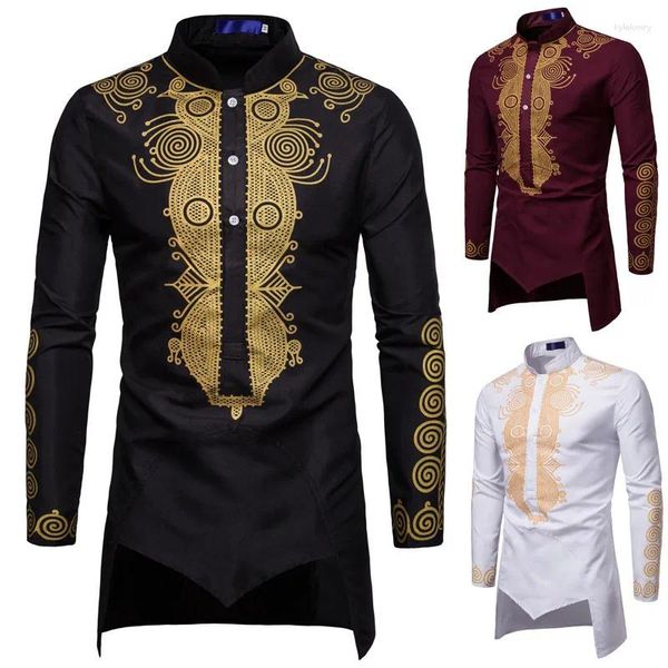 Vêtements ethniques mi-longueurs chemises masculines musulmanes dorées collier debout noir blanc rouge haute qualité