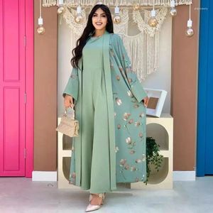 Vêtements ethniques Moyen-Orient 2024 Fleur Long Manteau Mode Élégant Abaya Femme Costume Deux Pièces Eid Mubarak Kaftan Dubaï Turquie Musulman