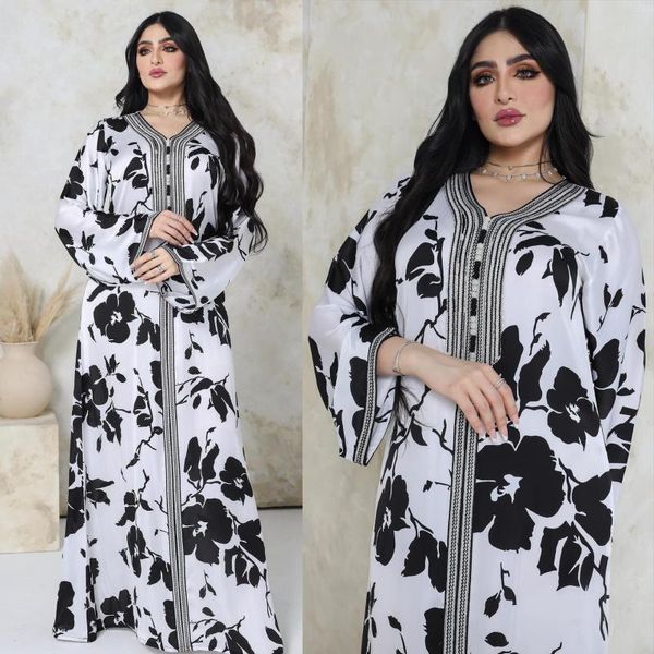 Ropa étnica Medio Oriente Abaya Mujeres Musulmanas Modesta Kaftan Impresión floral Vestidos de noche Mangas largas Maxi Islámico Eid