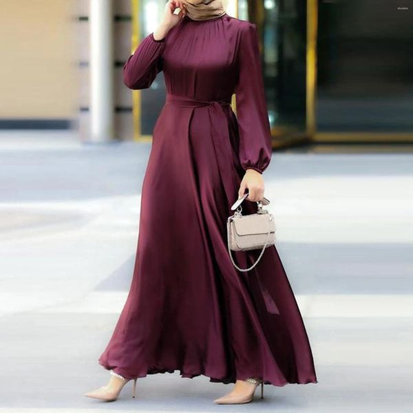 Ropa étnica Medio Oriente Dubai Jilbab Moda musulmana Mujeres Estilo árabe Vestido plisado elegante Cuello redondo sólido Manga larga Abaya