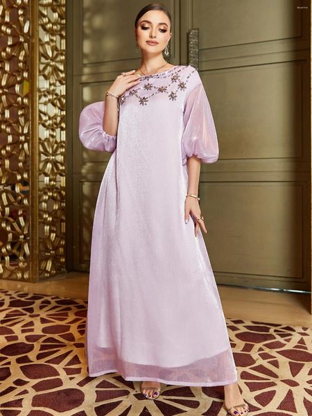 Vêtements ethniques Moyen-Orient Dubaï Arabie Saoudite Lumière Violet Brillant Soie À La Main Cousu Diamant Manches À Bulles Marocaine Abaya Robe Islamique