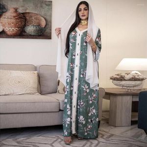 Etnische kleding Midden -Oosten Jalabiya Maxi Jurk Floral Printed Ribbon v Neck Long Sleeve vrouwen losse mode Islamitische Dubai Turkije Abaya