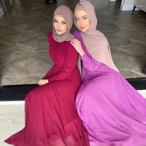 Vêtements ethniques Moyen-Orient Femme musulmane Robe longue Robe élégante Col rond Manches longues Boutons Mousseline Abaya Kaftan Robes turques