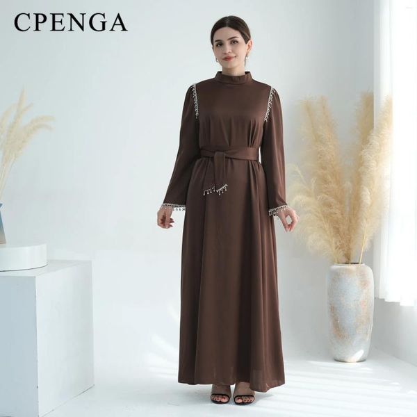 Ropa étnica Medio Oriente Satén Musulmán Vestido modesto para mujeres Perla árabe Abaya Islámico Color sólido Manga larga Ropa elegante Turquía