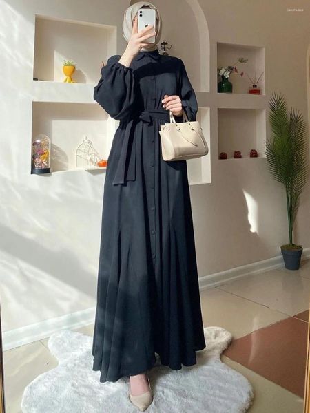 Vêtements ethniques Moyen-Orient Solide Femmes Musulmanes Robe Turquie Islamique Manches Bouffantes Slim Kaftans avec Ceinture Élégant Col Haut Dubaï Arabe Long