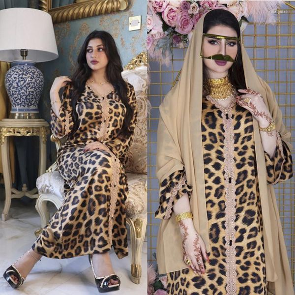 Ropa étnica Estampado de leopardo de Oriente Medio Encaje largo Jalabiya Túnica musulmana Dubai Abaya para mujeres Islam Kaftan Vestido marroquí Vestido pakistaní