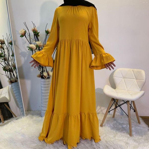 Vêtements ethniques Panneaux décontractés minimalistes Femmes Couleur unie Évasée Manches longues Swing Bohemian Maxi Jupe Robe Femme Musulmane