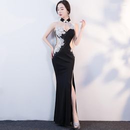 Ropa étnica Moderno Negro Sexy Ver a través de Cheongsam Vestidos Estilo oriental Vestido de fiesta Qi Pao Mujeres Vestido de noche chino Qipao Promoción