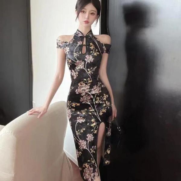 Ropa étnica Vestido Cheongsam moderno Mejora del temperamento clásico Qipao Chica Hombro frío Negro Floral Asiático