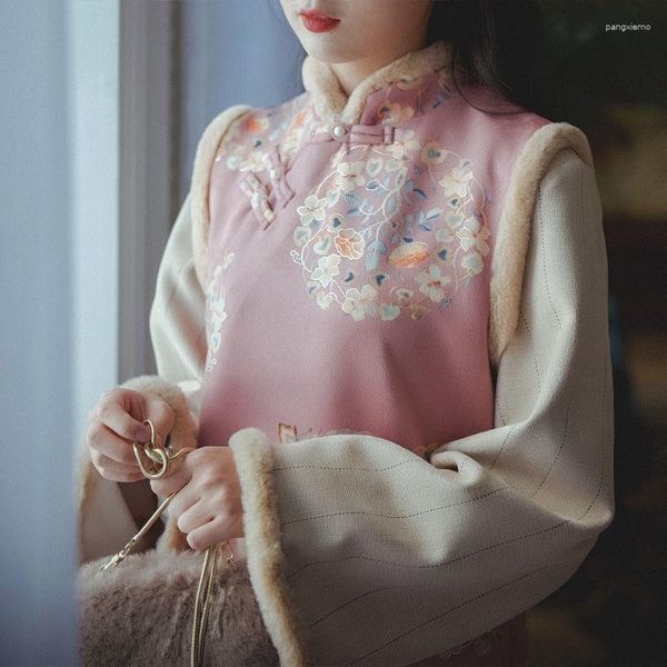 Ropa étnica moderna Cheongsam Qipao vestido estampado sin mangas chaleco mujer invierno 2023 estilo chino chica suave Retro falda abrigo