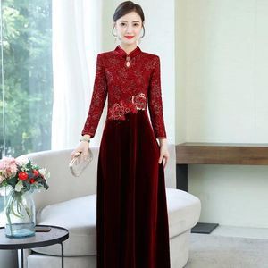 Ropa étnica Moderno chino Cheongsam Qipao Mujeres Vestido largo oriental Tradicional Terciopelo rojo Vestidos elegantes 5306