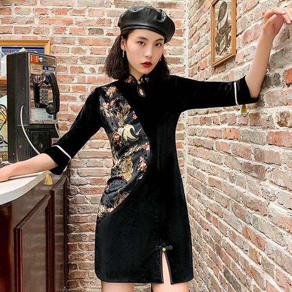 Vêtements ethniques Moderne Chinois Cheongsam Qipao Femmes Velours Patchwork Fente Robe Midi Robes Élégantes Noir Sexy Oriental FF2508