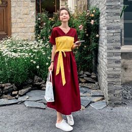 Vêtements ethniques Kimono moderne Style vintage japonais épissage jaune arc laçage manches courtes taille haute col en V robes longues douces minces Yukata