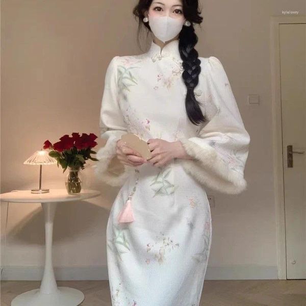 Ropa étnica Moderno Qipao Cheongsam Vestido mejorado Mujer 2024 Otoño Invierno Chino Tradicional Felpa Terciopelo