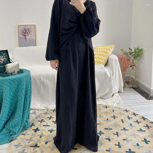 Etnische kleding Bescheiden Casual Abaya Vrouwen Moslim Satijn Lange Mouw Maxi Jurk Dubai Kaftan Arabische Gewaad Onderjurk Turkije Ramadan Islamitisch