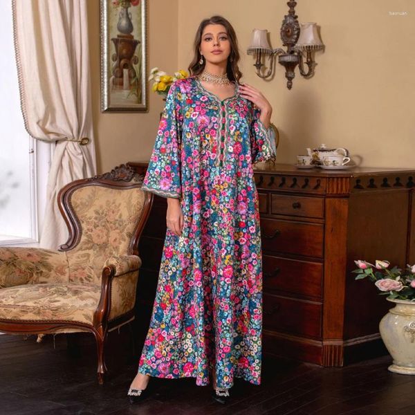 Vêtements ethniques Robe modeste pour femme élégante décontractée printemps imprimé floral robes longues col en v bande de dentelle mode musulmane abaya jalabiyat