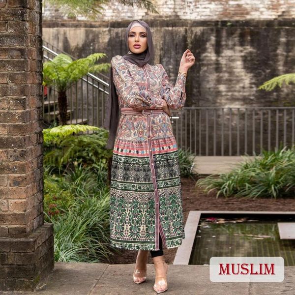 Ropa étnica Moda modesta Mujer Musulmana Abaya Dubai Estampado floral Vestidos de cinturón Collar de soporte femenino Kaftan Turquía Musulman Robe