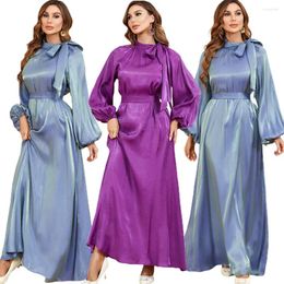 Ropa étnica Modest Musulmán Marroquí Jalabiya Dubai Árabe Omán Maxi Vestido para Mujeres Breve Sólido Arco Soporte Collar Linterna Manga Robe Fiesta