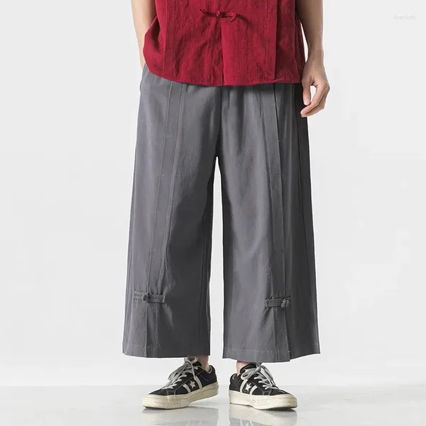 Ropa étnica sinicismo modificado Tang traje hombres pantalones pantanos japoneses lino de algodón casual pantalones de nueve puntos hebilla decorada hanfu