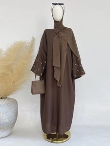 Ropa étnica Luna Bordado Abaya Fino Lino Efecto Tela Batwing Mangas Kimono Musulmán Mujeres Dubai Islámico Hijab Robe 231208