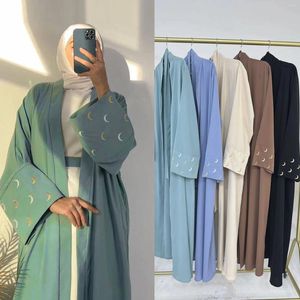 Vêtements ethniques Lune broderie Abayas pour les femmes Dubaï Turquie Kaftan Eid Ramadan Jalabiya Kimono Cardigan Robe Arabe Mabinet islamique Muslim