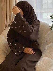 Vêtements ethniques Lune broderie ouverte abaya mince lin kimono musulman abayas for women dubaï dincy modeste robe hijab robe ramadan islam parti