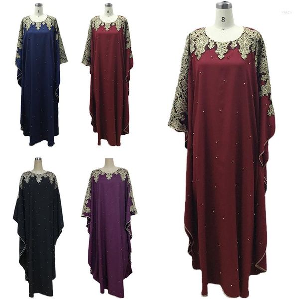 Ropa étnica Marroquí Abayas Musulmanes Mujeres Bordado Cuentas Batwing Manga Vestido suelto Turquía Árabe Kaftan Dubai Jalabiya Vestido Medio