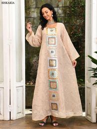 Etnische kleding Marokkaanse kaftan luxe mode pailletten borduurwerk vierkante kraag maxi jurk Arabische vrouwen kleding Ramadan Jalabiya 2024