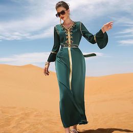 Ropa étnica Marroquí Kaftan Diamantes satinados Jalabiya Dubai Turquía Abaya Mujeres musulmanas Fiesta de noche Maxi vestido con cinturón Robe árabe Eid