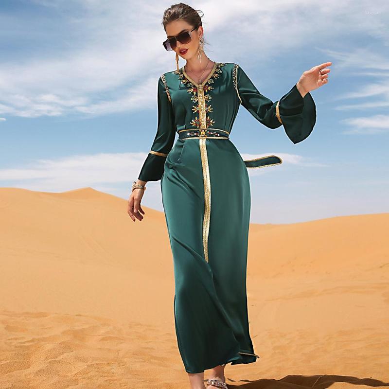 Roupas étnicas Marroquino Kaftan Cetim Diamantes Jalabiya Dubai Turquia Abaya Mulheres Muçulmanas Festa de Noite Maxi Vestido Cinto Robe Árabe Eid