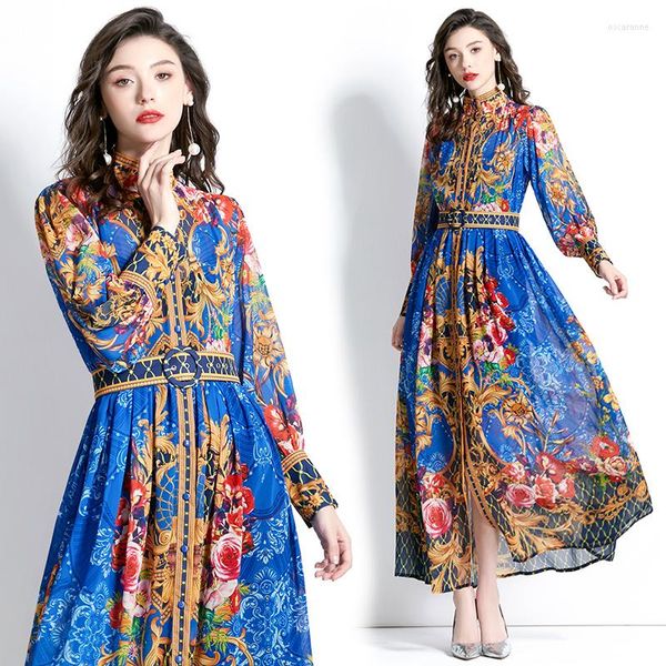 Vêtements ethniques Robe marocaine Abaya Dubaï 2023 Bleu Floral Print Holiday Party Maxi Robes Musulman Mode Femmes Jalabiya Robe islamique Eid