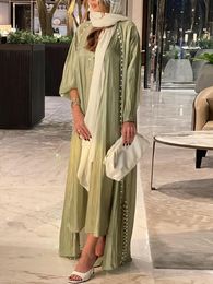 Ropa étnica Marruecos Caftan Musulmán Abaya Vestido de mujer Conjunto de 2 piezas Abayas Vestidos Dubai Árabe Seda Satén Kimono Cardigan Robe Outwear Otoño 230505