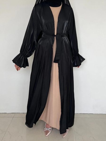 Vêtements ethniques Maroc Robe Soyeuse Abaya Pour Femmes Satin Maxi Abayas Robe À Manches Longues Caftan Dubaï Noir Cardigan Longue Robes Largo