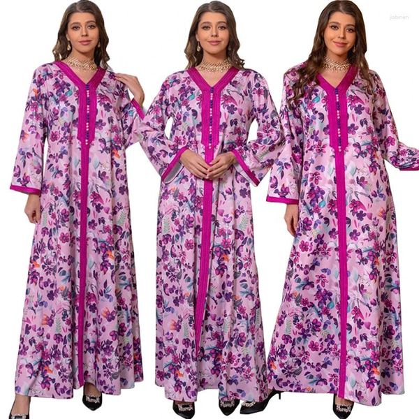 Vêtements ethniques Imprimée florale Maroc Abaya Femmes Muslim Hijab Eid Mubarak Maxi Dress Islam Party Dubai Kaftan Arabe Gown Jalabiya Caftan
