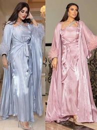 Etnische kleding Marokko Moslimjurk 3 -delige set Abaya Kaftans Feather Evening Jurken vrouwen Dubai Turkije Islam Long Dress Robe Femme Vestidos T240515