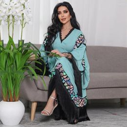 Ropa étnica Marruecos Fiesta Caftan Lentejuelas Borla para mujeres Musulmanes Abayas Casual Maxi Vestido Turquía Ramadán Kaftan Dubai Árabe Robe Vestido