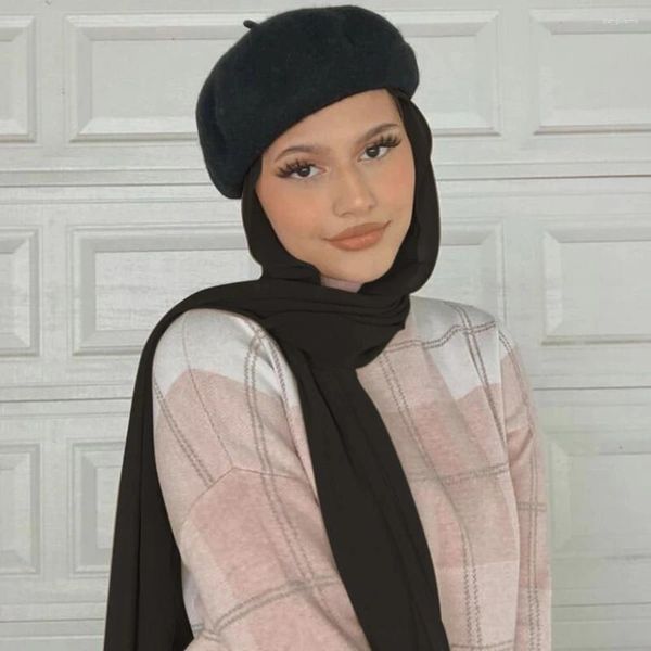 Ropa étnica musilm mujeres chifón instantáneos hijabs con sombreros de boina estilo francés hijab baret sombrero plano