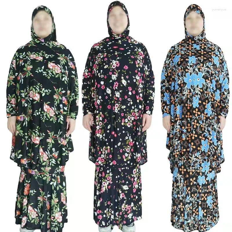 Etnik Giyim Müslüman 2 Parça Setleri Kadınlar Abaya Dubai Dua Hijab Elbise Baskı Kaftan Robe Kaftan Türkiye İslami Khimar Niqab