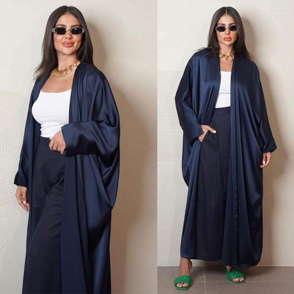 Ropa étnica Musulmán Abaya Vestido Dubai Seda Satén Sólido Manga larga Marroquí Kaftan Casual Flojo Abierto Kimono Turco Islámico