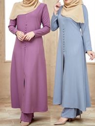 Etnische kleding moslim Abaya jurk set 2 -delige vrouwen lange Arabische kalkoen dubai split o nek mouw top eid ramadan islamitische ropa pant 221007