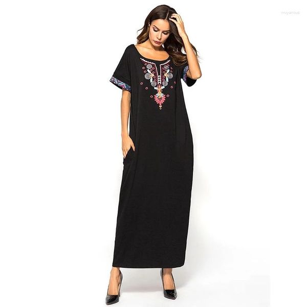 Ropa étnica Muslim Abaya Vestido Mujer Bordado de algodón Manga corta Ramadán ACLACHO ISLÁMICO MAXI VESTIDOS KAFTAN marroquí