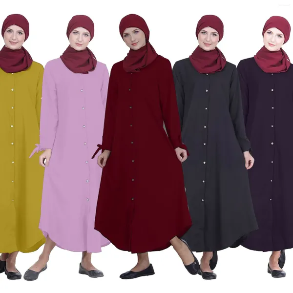 Ropa étnica Musulmán Abaya Elegante vestido largo para mujeres Color sólido Camisas de solapa suelta Turquía Kaftan Árabe Robe Ramadán Vestidos