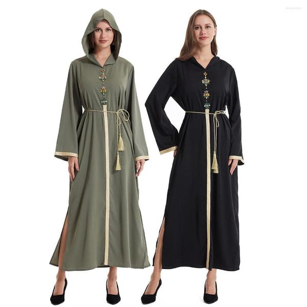 Vêtements ethniques musulman Abaya pour femmes Dubai Jellaba à capuche à manches longues cousu diamant Robe Robe mousseline arabe Islam