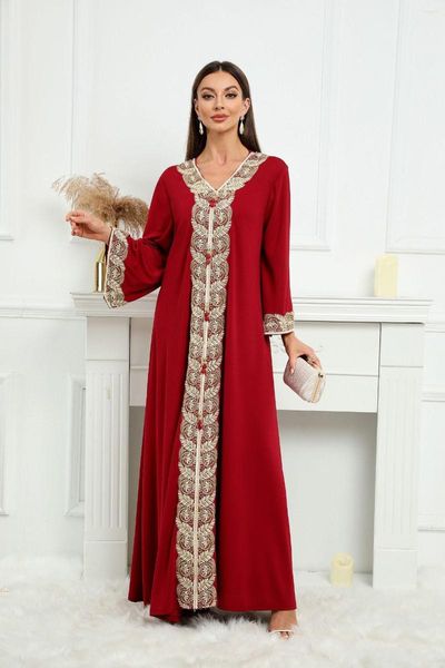 Ropa étnica musulmana Abaya para mujeres Dubai 2023 vestido de cinta con cuello en V manga larga túnica roja suelta Eid Mubarak Kaftan Mujer