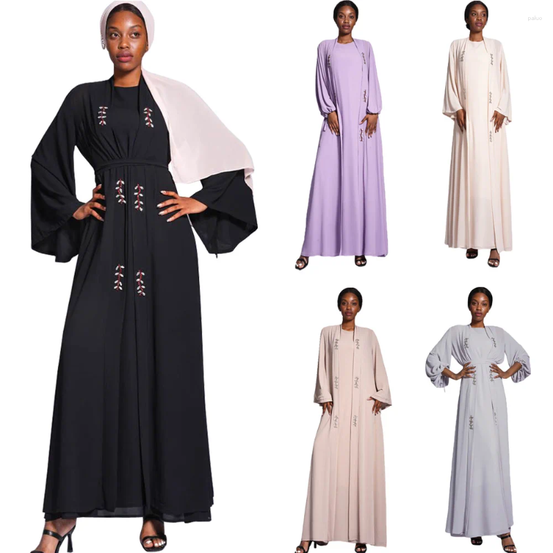 Etniska kläder muslimska abaya set 2 stycke ramadan klänning kvinnor fest chiffong lång öppen kimono cardigans islamisk dubai tukish outfit