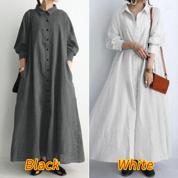 Vêtements ethniques musulman Abaya rayé revers Femme poche Simple ample décontracté longue chemise robe Caftan Caftan élégant Vestidos Ramadan