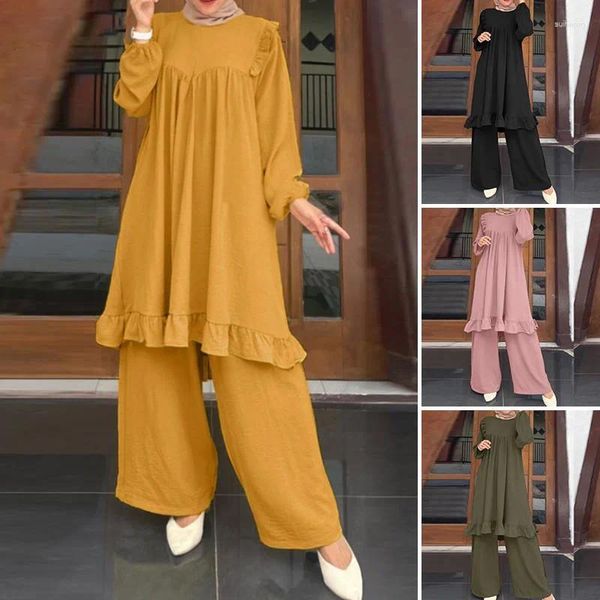 Vêtements ethniques Musulman Abaya Pantalon Costumes 2 Pièce Causal Arabe Solide Manches Longues Hauts Pantalons Tenues Islamiques Mode Turquie Kaftan