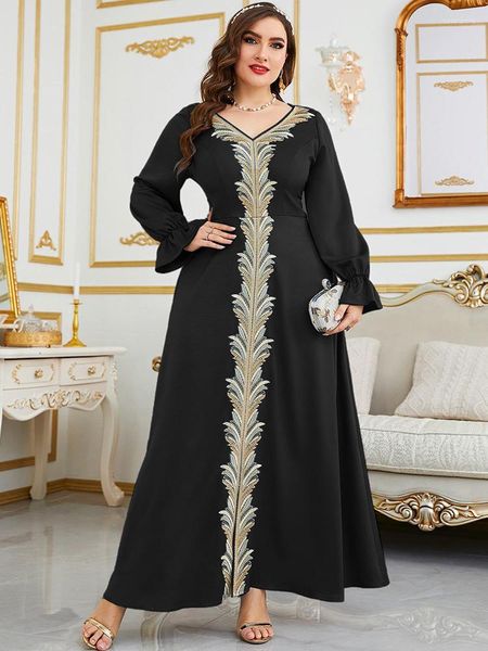 Vêtements ethniques Musulman Abaya Robe ample pour femmes Dubai Decal V-cou Lanterne Robe à manches Arabe Kaftan Soirée Mode