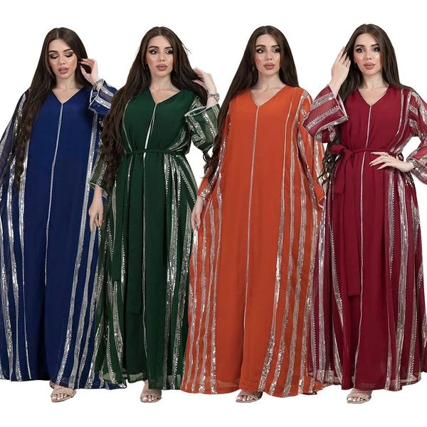 Ropa étnica Abayas musulmanas para mujeres Lentejuelas a rayas Túnica suelta Dubai Árabe Cuentas de gasa Patchwork Luz Vestido indio árabe de lujo 231208