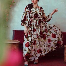 Etnische kleding Moslim Arabische Rose Print Robe 2023 Satijnen kant Marokkaanse Kaftan Turkije Abaya Damesjurk Casual Pakistan los